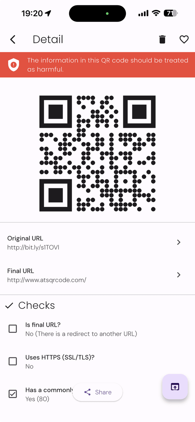 QRDefender warning screen — harmful QR code detected with detailed safety checks
