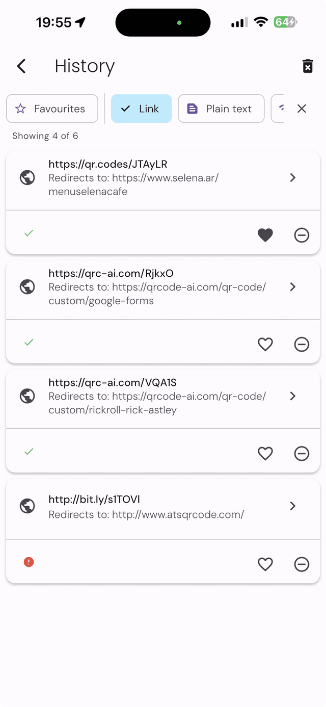 QRDefender scan history — browse past scans with redirect details and safety status